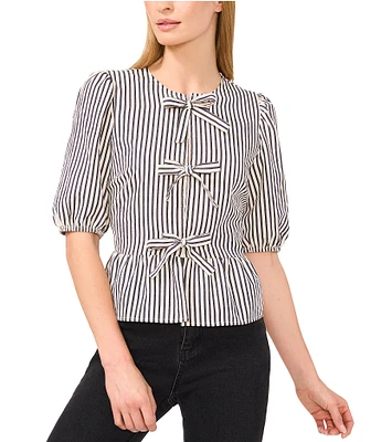 CeCe Woven Striped Crew Neck Short Puff Sleeve Tie Peplum Top