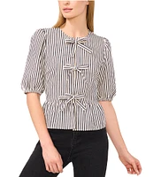 CeCe Woven Striped Crew Neck Short Puff Sleeve Tie Peplum Top