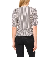 CeCe Woven Striped Crew Neck Short Puff Sleeve Tie Peplum Top