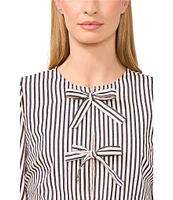 CeCe Woven Striped Crew Neck Short Puff Sleeve Tie Peplum Top
