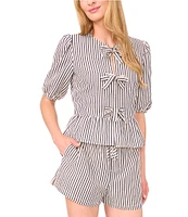 CeCe Woven Striped Crew Neck Short Puff Sleeve Tie Peplum Top