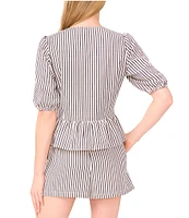 CeCe Woven Striped Crew Neck Short Puff Sleeve Tie Peplum Top