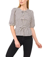 CeCe Woven Striped Crew Neck Short Puff Sleeve Tie Peplum Top