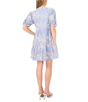 CeCe Woven V-Neck Short Puff Sleeve Floral Embroidered Tiered A-Line Dress