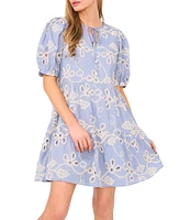 CeCe Woven V-Neck Short Puff Sleeve Floral Embroidered Tiered A-Line Dress