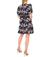 CeCe Woven V-Neck Short Puff Sleeve Floral Embroidered Tiered A-Line Dress