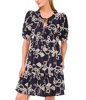 CeCe Woven V-Neck Short Puff Sleeve Floral Embroidered Tiered A-Line Dress