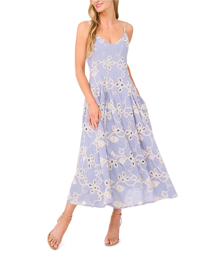 CeCe Woven V-Neck Sleeveless Embroidered Maxi A-Line Dress