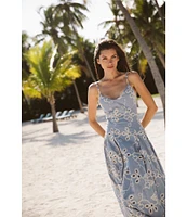 CeCe Woven V-Neck Sleeveless Embroidered Maxi A-Line Dress