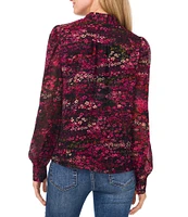 CeCe Woven Yoryu Ditsy Floral Print Split-V Collar Long Sleeve Hidden Button Front Blouse