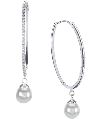 Cezanne CZ Stone Pave Long Oval Pearl Hoop Earrings