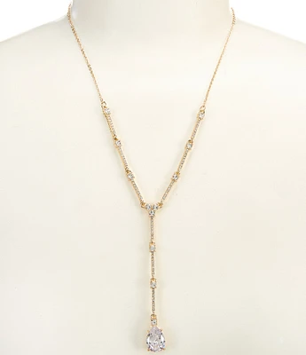 Cezanne Pave Metal Bar CZ Teardrop Y Necklace