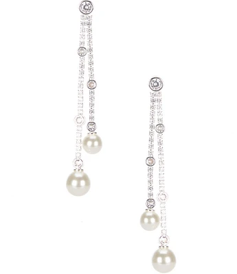 Cezanne Two Row Rhinestone Cubic Zirconia Pearl Drop Earrings