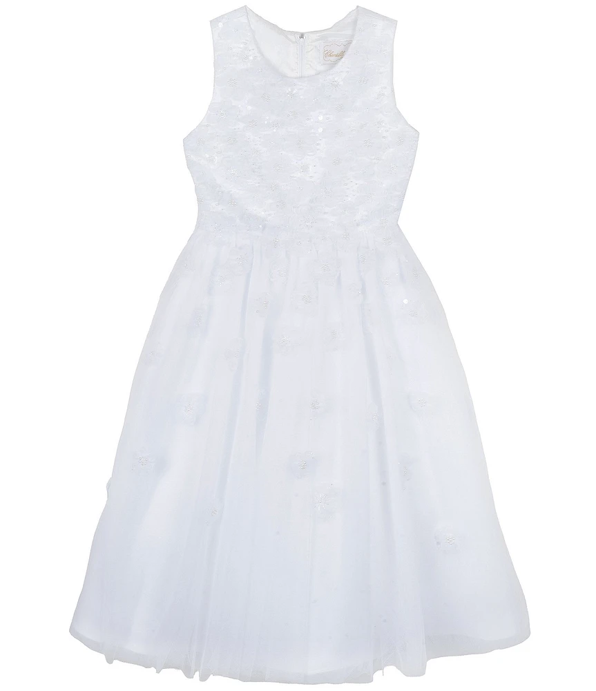 Chantilly Place Big Girls 7-16 Sleeveless Three-Dimensional Flower-Appliqued Bodice/Mesh-Overlay Skirted Dress