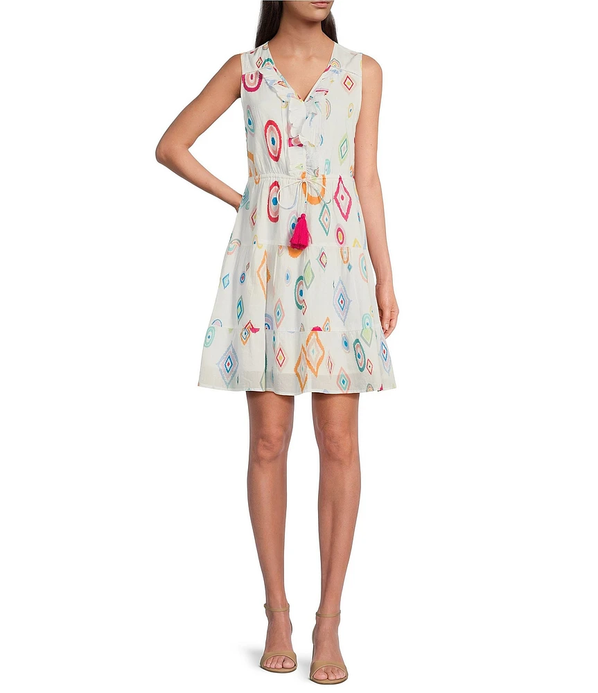 Charlie B. Abstract Print Ruffle V-Neck Sleeveless A-Line Dress