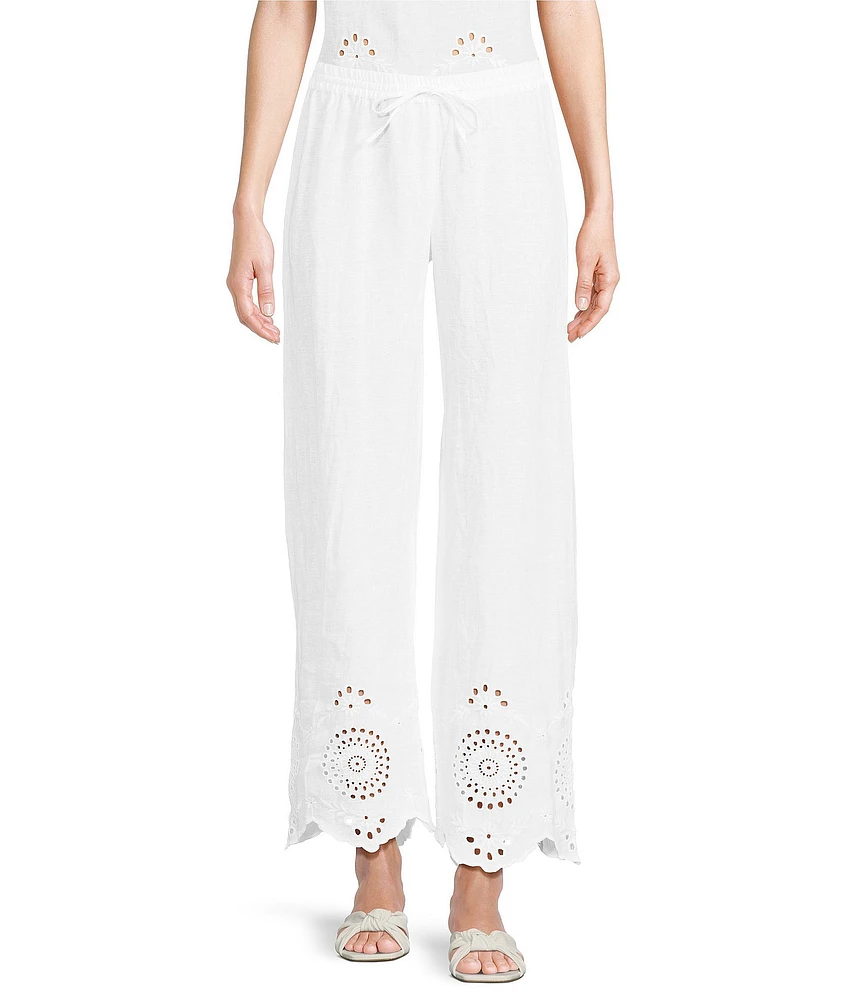 Charlie B. Coordinating Linen Eyelet Embroidered Mid Rise Drawstring Pull-On Pants