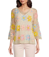 Charlie B. Crochet Floral Knit Round Neck Long Sleeve Top