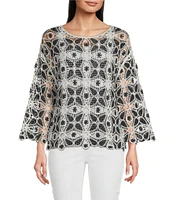 Charlie B. Crochet Knit Boat Neck Long Sleeve Top