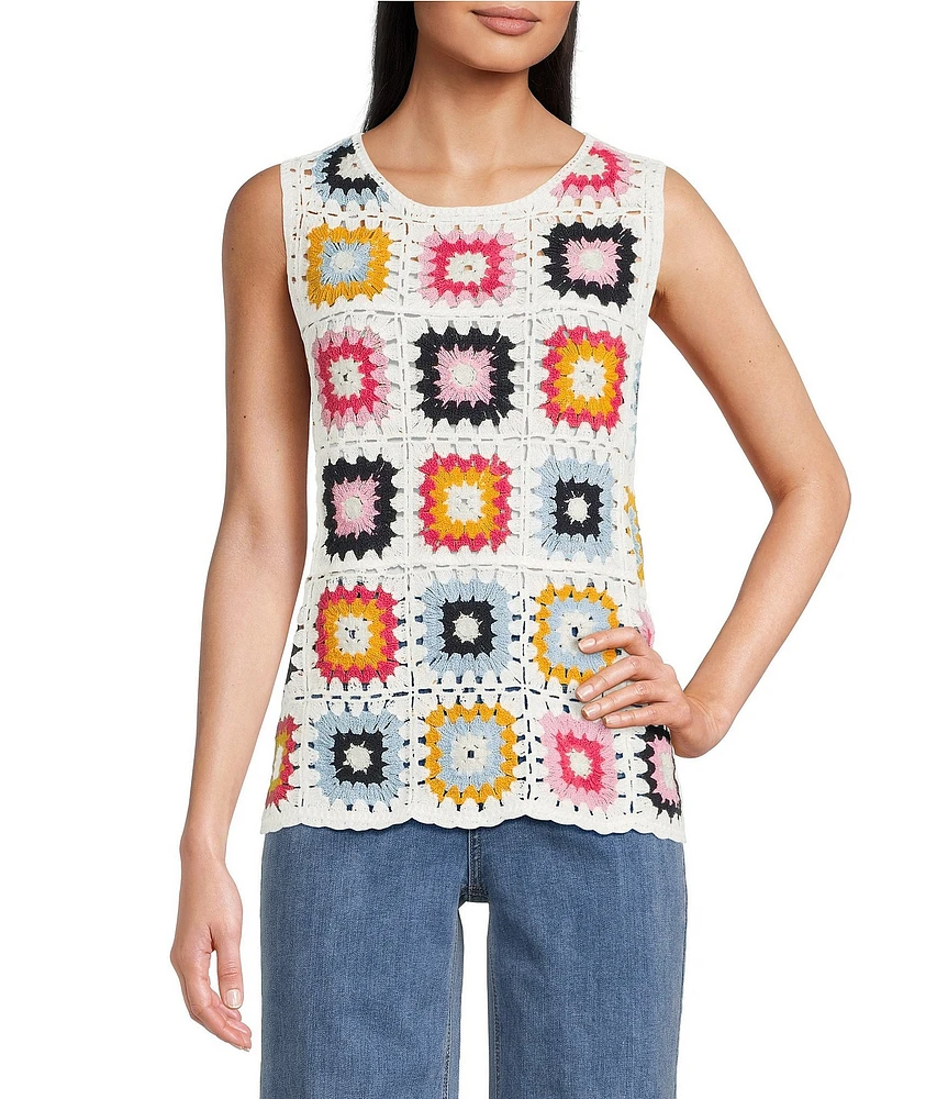 Charlie B. Crochet Knit Geometric Crew Neck Sleeveless Top