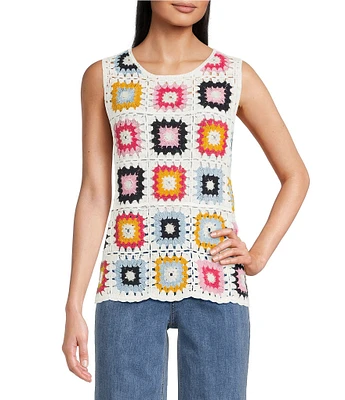 Charlie B. Crochet Knit Geometric Crew Neck Sleeveless Top