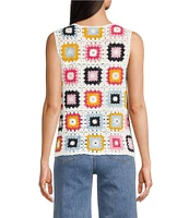 Charlie B. Crochet Knit Geometric Crew Neck Sleeveless Top