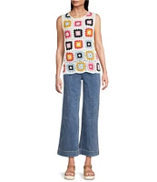 Charlie B. Crochet Knit Geometric Crew Neck Sleeveless Top