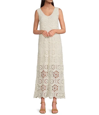 Charlie B. Crochet V-Neck Sleeveless Maxi Sheath Dress