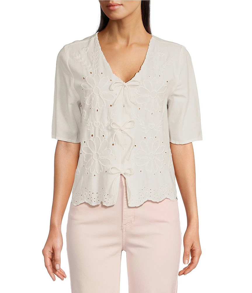 Charlie B. Eyelet Embriodered V-Neck Short Sleeve Scalloped Hem Tie Front Blouse