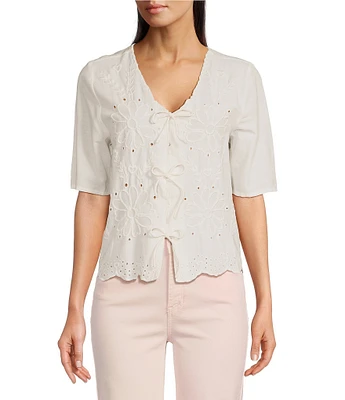 Charlie B. Eyelet Embriodered V-Neck Short Sleeve Scalloped Hem Tie Front Blouse