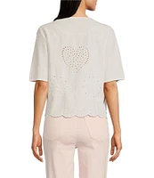 Charlie B. Eyelet Embriodered V-Neck Short Sleeve Scalloped Hem Tie Front Blouse