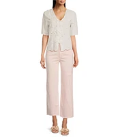 Charlie B. Eyelet Embriodered V-Neck Short Sleeve Scalloped Hem Tie Front Blouse