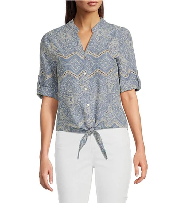 Charlie B. Eyelet Embroidered V-Neck 3/4 Sleeve Blouse