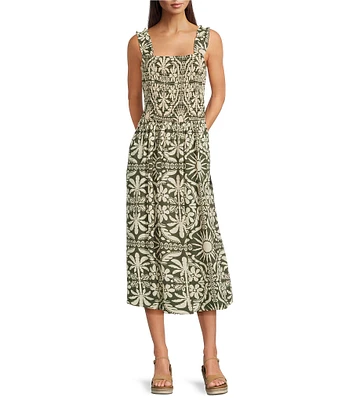 Charlie B. Floral Print Square Neck Shirring Sleeveless Midi A-Line Dress