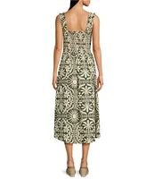 Charlie B. Floral Print Square Neck Shirring Sleeveless Midi A-Line Dress