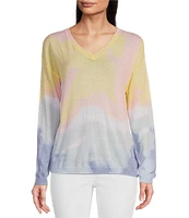Charlie B. Knit Printed V-Neck Long Sleeve Tie Dye Sweater