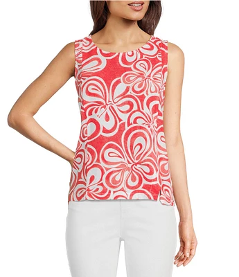 Charlie B. Linen Blend Floral Print Crew Neck Sleeveless Top