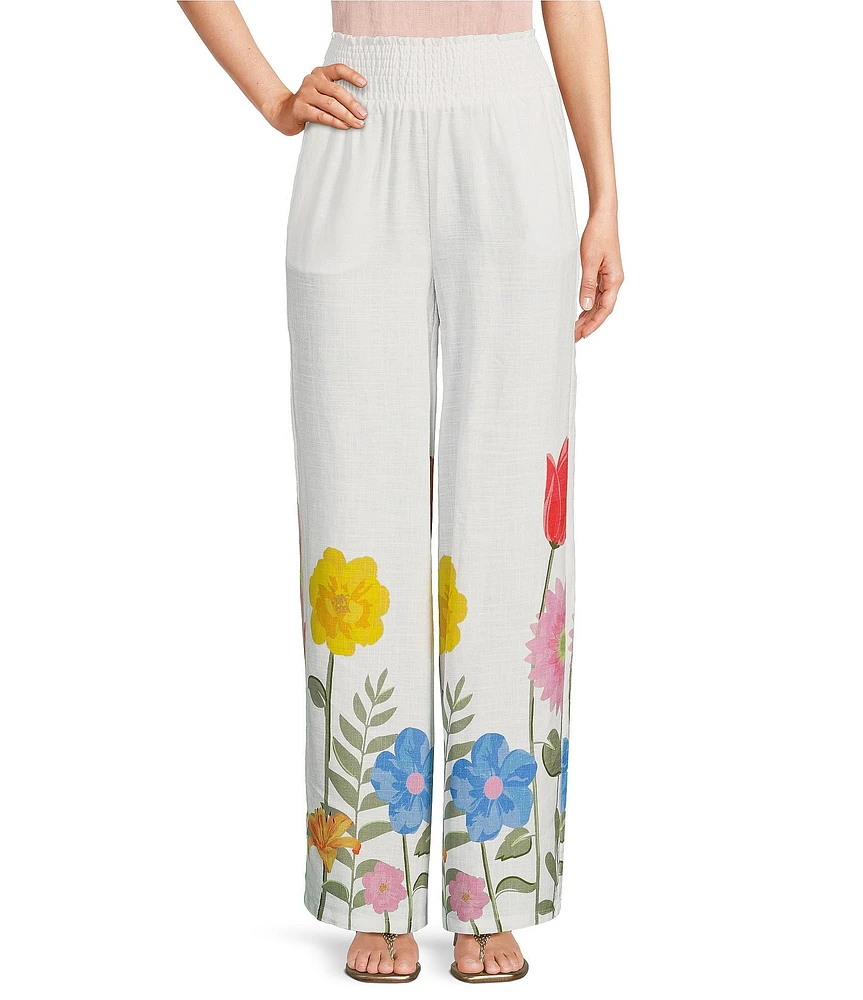 Charlie B. Linen-Blend Floral Print Mid Rise Wide-Leg Pants