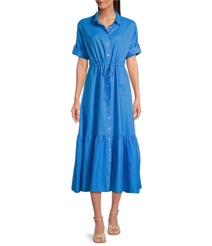 Charlie B. Linen Blend Point Collar Short Sleeve Drawstring Shirt Dress