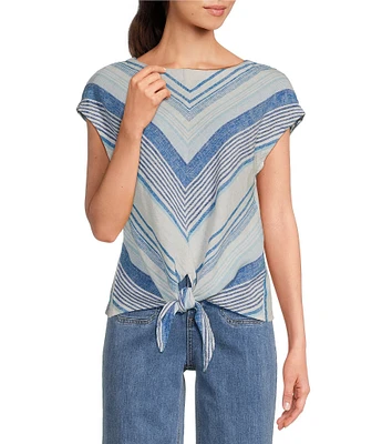 Charlie B. Linen Blend Stripe Print Boat Neck Cap Sleeve Tie-Front Blouse
