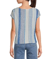Charlie B. Linen Blend Stripe Print Boat Neck Cap Sleeve Tie-Front Blouse