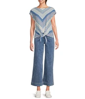 Charlie B. Linen Blend Stripe Print Boat Neck Cap Sleeve Tie-Front Blouse