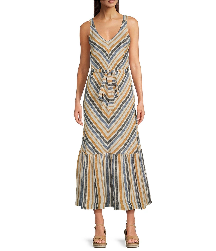 Charlie B. Linen Blend Stripe Print V-Neck Sleeveless Maxi A-Line Dress