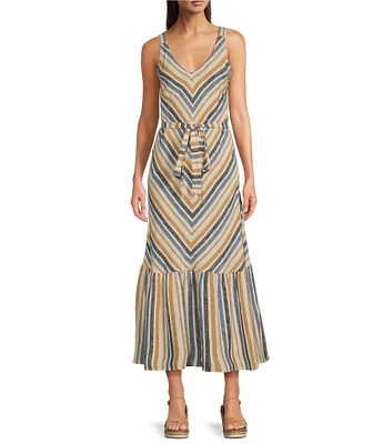Charlie B. Linen Blend Stripe Print V-Neck Sleeveless Maxi A-Line Dress
