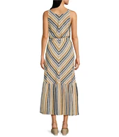 Charlie B. Linen Blend Stripe Print V-Neck Sleeveless Maxi A-Line Dress