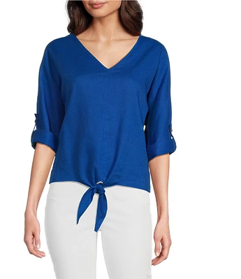Charlie B. Linen Blend V-Neck 3/4 Sleeve Tie Front Top