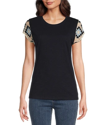Charlie B. Mixed Media Crew Neck Crochet Cap Sleeve T-Shirt