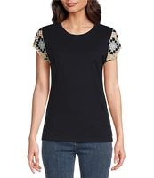 Charlie B. Mixed Media Crew Neck Crochet Cap Sleeve T-Shirt