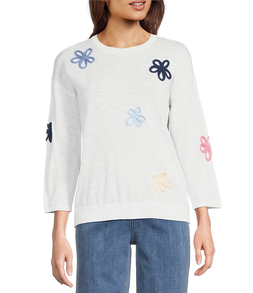 Charlie B. Round Neck 3/4 Sleeves Flower Patch Sweater