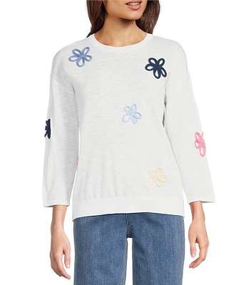 Charlie B. Round Neck 3/4 Sleeves Flower Patch Sweater