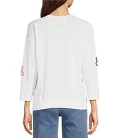 Charlie B. Round Neck 3/4 Sleeves Flower Patch Sweater